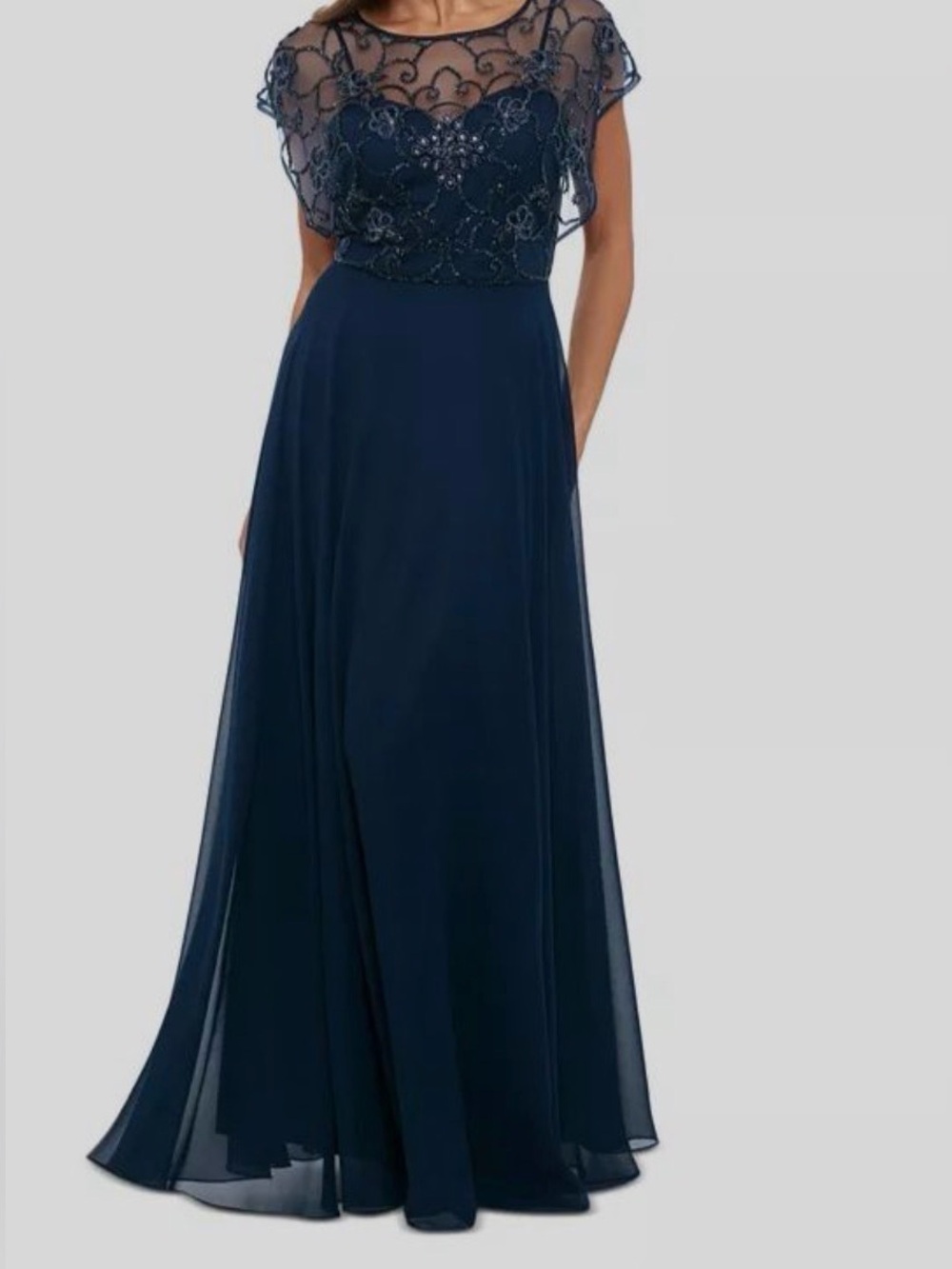 Xscape Navy Blue Beaded Lace A-Line Gown – Size 16 NWT